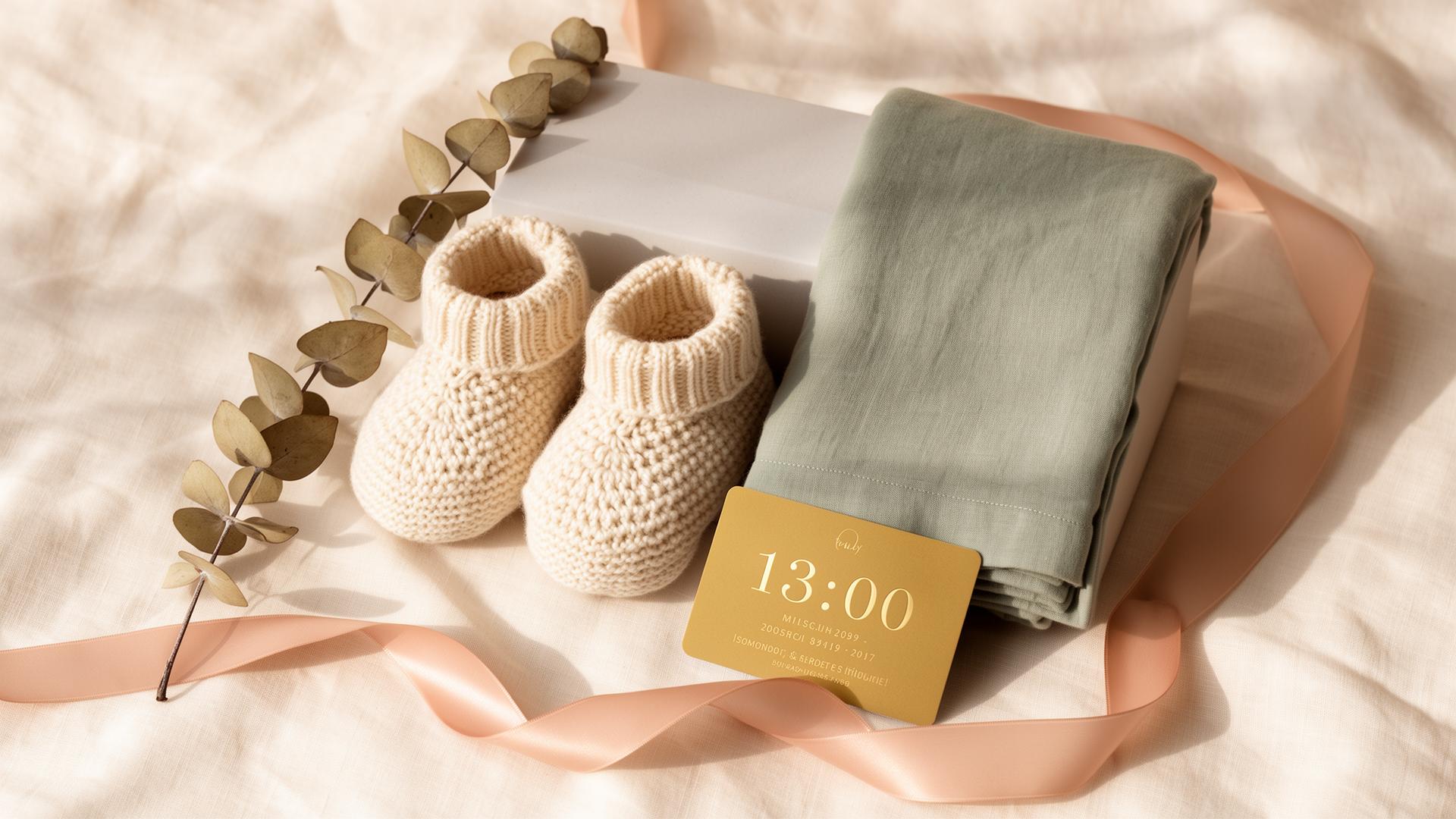 Curated baby gift box with knitted booties, sage swaddle, gold milestone card and blush ribbon